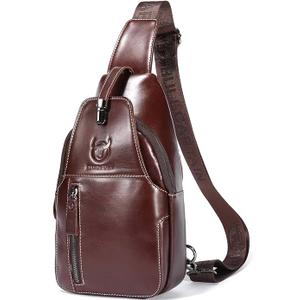 Genuine Leather Sling Bag Mens Crossbody Backpack Hiking Casual Daypack Shoulder Chest Bag with USB Charging Port