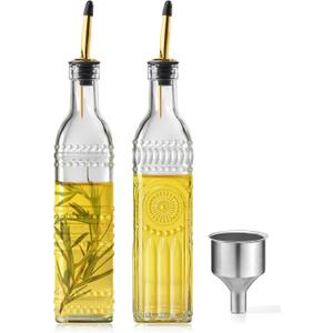2 Pcs Olive Oil Dispenser Bottle for Kitchen,17oz Clear Glass Cooking Oil and Vinegar Dispenser Set, Coffee Syrup Dispenser with 2 Pourers and 1 Funnel (Two squares)