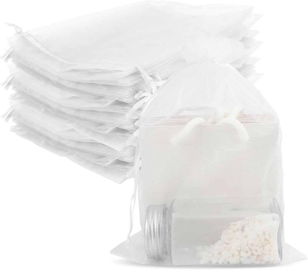 Organza Bags 7x9 inch - Large Mesh Bags Drawstring Organza Gift Bags Jewelry Pouch for Wedding Mother's Day Baby Shower Party Favors Bathroom Soaps Makeup Candy Fruit Wrap Bulk Supplie, White, 50Pcs (1 count (Pack of 50))