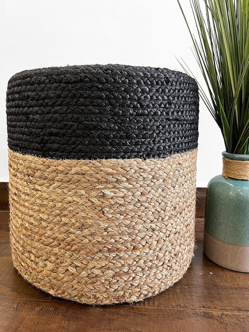 S & L Homes Pouf Ottoman - 100% Jute Braided Hand Knitted Traditional Cord Boho Pouffe for Living Room, Bedroom, Nursery, Patio, Lounge Colorblock - Natural Black (16x16x16)