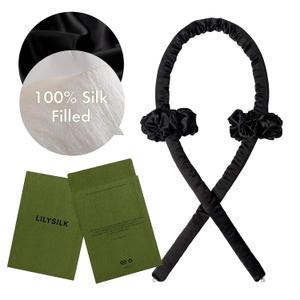 LILYSILK 100% Mulberry Silk Heatless Curling Set 3pc for Women  No Heat Overnight Hair Curler Rods with Adjustable Headband, Prevents Damage & Frizz, Black