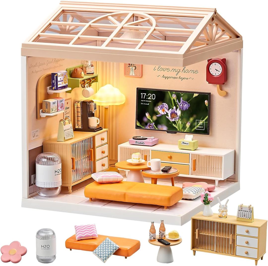 Miniature Living Room DIY Play Kit  92Pcs 1:20 Scale Dollhouse Furniture Toy with LED Light, Modular Scene Connector & Realistic Details Tiny House for Kids 8+ and Collectors