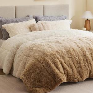 Intelligent Design Long Shaggy Faux Fur Comforter Set, Soft Plush Reverse, Chic Ombre Design King Size Comforter Sets, All Season Bedding Set, Matching Sham, Brielle, King/Cal King(104"x90") Natural