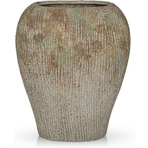 Slim Flat Ceramic Vase for Home Decor, 13" Ribbed Modern Flower Vase, Space-Saving Narrow Decorative Vase for Pampas Grass Artificial Flowers, Farmhouse Boho Table Centerpiece, Mosstone