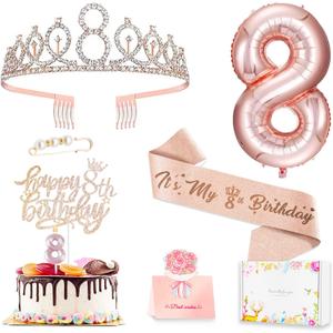 8th Birthday Decorations for Girls, Including 8 year old Birthday Cake Topper, Queen Sash with Pearl Pin, Sweet Rhinestone Tiara Crown, Number Candles and Balloons Set, Rose Gold