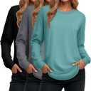 Ficerd 3 Pack Women's Long Sleeve Shirts, Cotton Crew Neck Tunic Tops Casual Loose Fit Pullover Sweatshirts Curved Hem Shirts (Large, Black, Gray, Turquoise)