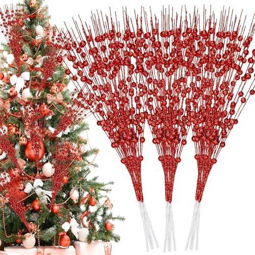 Palonu 32 Pcs Red Artificial Glitter Berry Stems 17 Inch Fake Berry Branch Picks Decorative Glitter Sticks Christmas Tree Ornaments for DIY Xmas Wreath Crafts Gifts Holiday Home Décor
