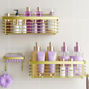 ODesign Shower Caddy 3 Pack SUS304 Stainless Steel-No Drilling-Shower Bathroom Shelves Rack,Rustproof Wall Mounted,Adhesive Shower Shelf Basket Organizer-Golden