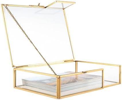 Feyarl Gold Glass Photo Picture DIsplay Box Keepsake Cards Storage Jewelry Trinket Ring Earrings Box Case Shadow Decorative Memory Box for Wedding Home Deco Girl Women(7.3 x 5.3 x 1.8inch)