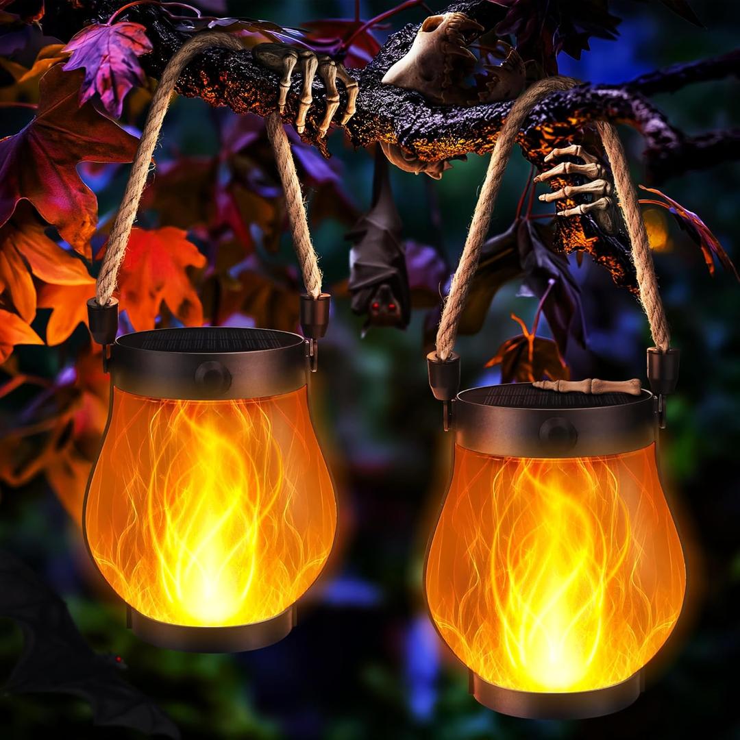 Halloween Solar Flame Lantern Hanging Outdoor Waterproof Purple - 2 Pack Flame Lanterns with Dual Charging Modes of Solar & USB for Garden or Yard Halloween Decorations (Warm White - 2 Pack)
