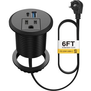 2 Inch Desk Power Grommet USB C PD 20W, Recessed Power Strip Socket with AC Plugs and 2 USB Charging Ports, Hidden Power Strip for Office Furniture Conference Room Kitchen Table, Black