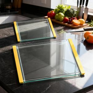 Tempered Glass Cutting Board Set for Kitchen Counter - Dishwasher Safe with Juice Grooves, Non-Slip Silicone Edges & Beveled Grip - 16"x12" & 12"x8" Serving Tray (Yellow)