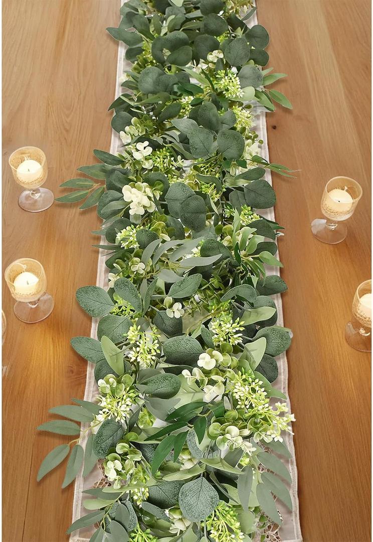 6Ft Eucalyptus Garland, Artificial lvy Greenery Vines with Flower Gypsophila Willow Leaves for Home Wedding Arch Party Table Runner Centerpiece Decor (2pcs)