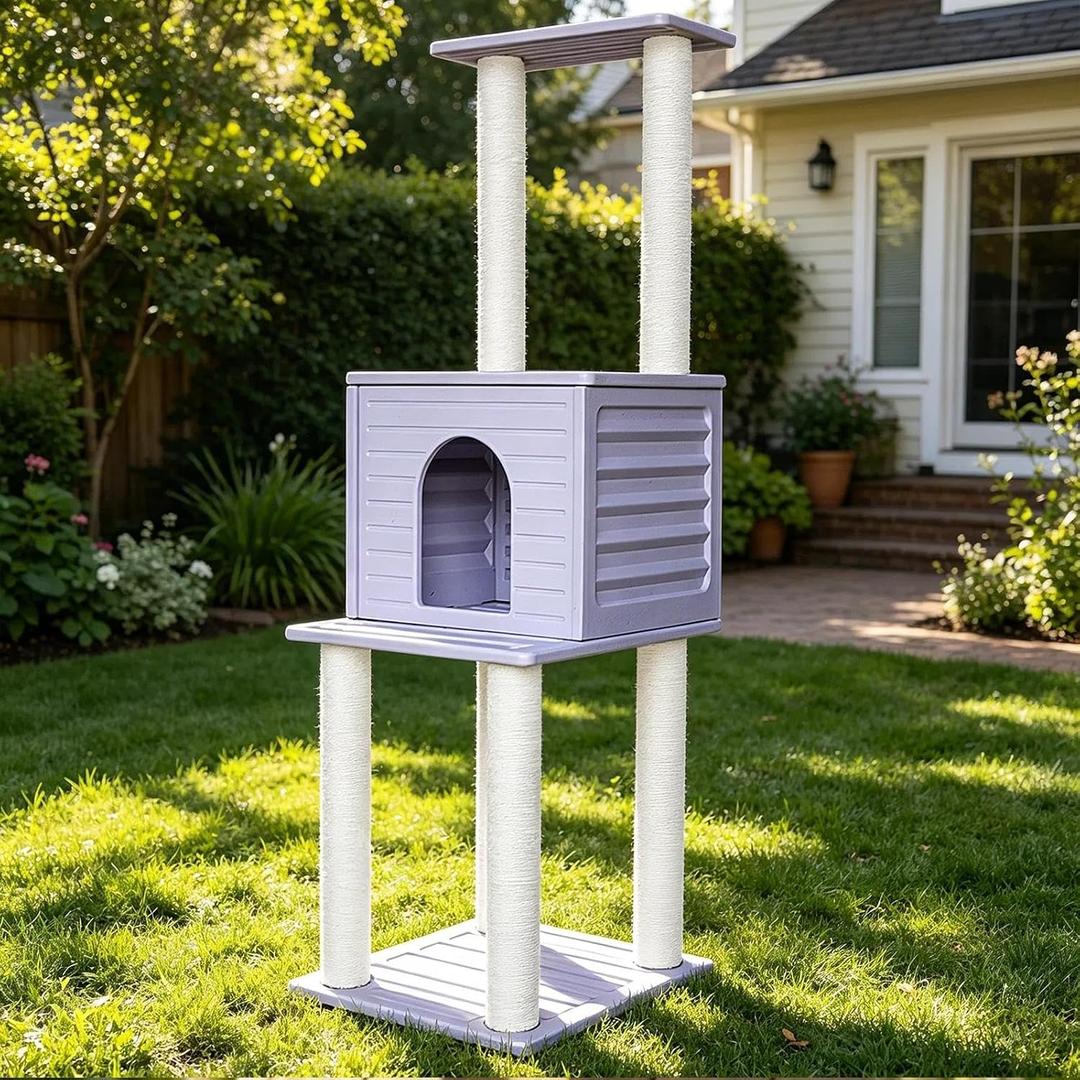 61.5 Indoor and Outdoor Cat Tree Tower, Cat House for Outdoor Cats, Weatherproof Large Cat Condo with Scratching Posts for Catio