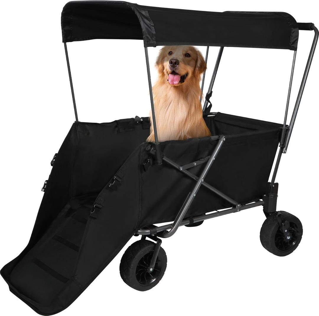 Heavy-Duty Foldable Dog Stroller Wagon with Extendable Rear & All-Terrain Wheels, Collapsible Utility Cart with Adjustable Canopy for Large Dogs, Pet, Shopping & Camping, 300Lbs, Black