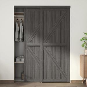 JUBEST 60"(Double 31") x80 Sliding Closet Door, K Style Bypass Closet Door with Hardware Kit & Matching Fascia, Preassembled Solid Wood Slab with Water-Proof PVC Surface, Easy to Install, Gray