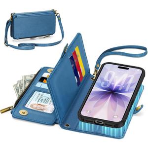 TUCCH Removable Crossbody Case Wallet for iPhone 17 (6.3-inch) 2025, Wireless Charging, RFID Blocking 9 Card Slots, Lanyard, Wrist Strap, Zipper Pocket, PU Leather, Stand Magnetic Cover, Light Blue