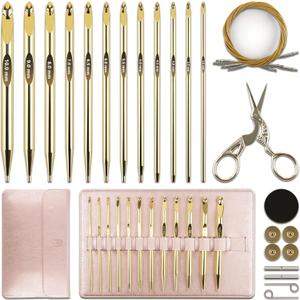 27Pc Gold Plated Tunisian Crochet Hooks Set 3mm-10mm, Interchangeable Aluminum Crochet Hook with Cable, Long Crochet Hooks for Tunisian Crochet, Versatile Crochet Hook Set for Craft Enthusiasts