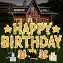 18 Pcs Happy Birthday Yard Sign with Stakes, Gold Happy Birthday Yard Sign with 49.2 Ft LED Light, 16 In Large Personalized Happy Birthday Sign, Waterproof Lawn Garden Birthday Party Decorations