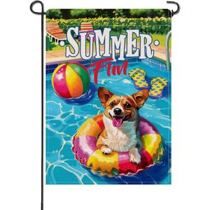 Artofy Summer Fun Pool Corgi Dog Small Decorative Garden Flag, Swim Ring Ball Flip Flops Yard Lawn Outside Decor Pet Owner Lover Gift, Seasonal Burlap Outdoor Home Decoration Double Sided 12 x 18