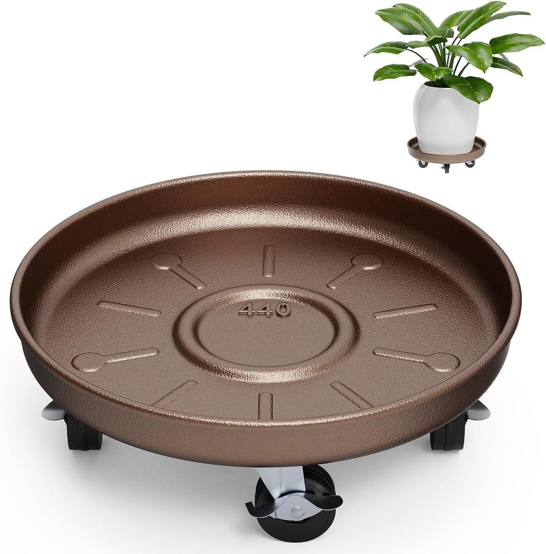 Plant Stand Rolling Plant Caddy With Wheels, 17 inch Plant Saucer With 360 Lockable Wheels, 440 LB Capacity Metal Rolling Plant Cart for Heavy Duty Planter, Rustproof Plant Dolly for Outdoor/Indoor