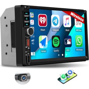 Double Din Car Stereo Wireless Apple Carplay and Android Auto, 7 Inch Touch Screen Radio with Bluetooth, 2 Din MP5 Car Multimedia Player Support USB Type-C Charging EQ FM Radio Backup Camera