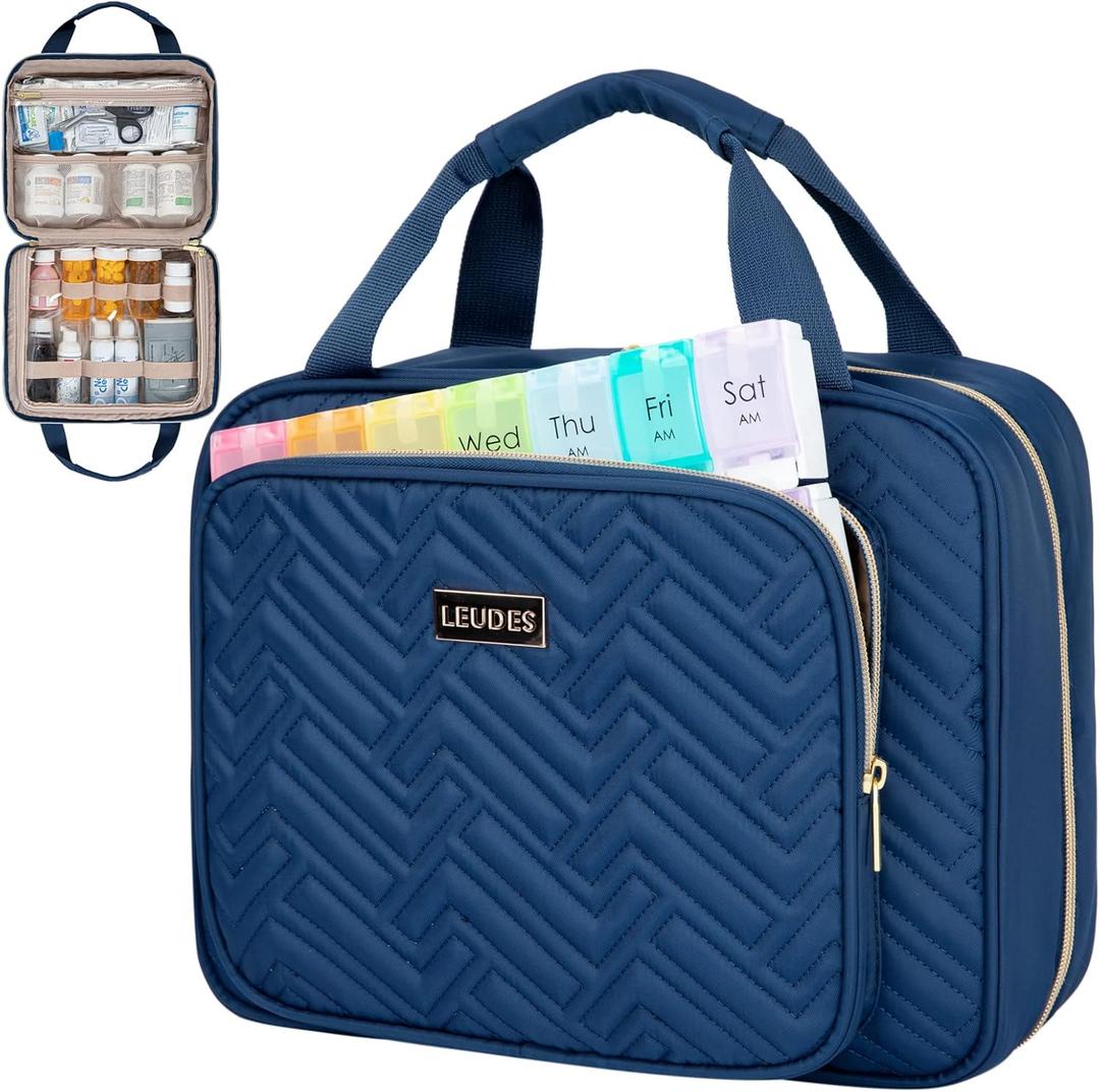 Leudes Travel Pill Bottle Organizer,Medicine Organizer and Storage,Home Medication Bag, Cases,Carrier for Pills,Vitamin,Fish Oil,Supplements for Women and Men (Large, Blue)