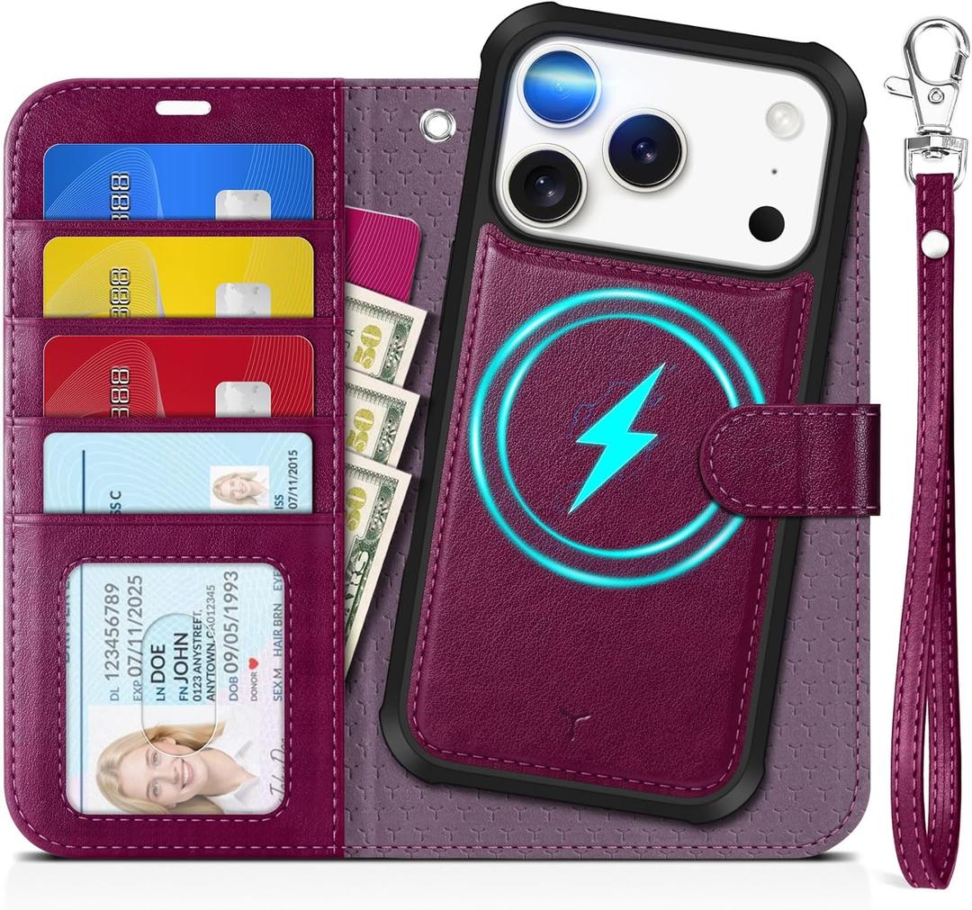 TUCCH Detachable Case Wallet for iPhone 17 Pro (6.3") 2025, Wrist Strap | 4 Card Slots RFID Blocking | Wireless Charging | Stand | 2-in-1 Magnetic | PU Leather | Shockproof Folio Cover | Plum Purple