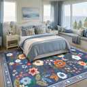 RELEANY Floral Nursery 9x12 Area Rugs Washable Print Boho Cute Carpet Non Slip Flower Low Pile for Living Room Kids Girls Playroom Bedroom Kitchen Office Farmhouse-Blue/Grey