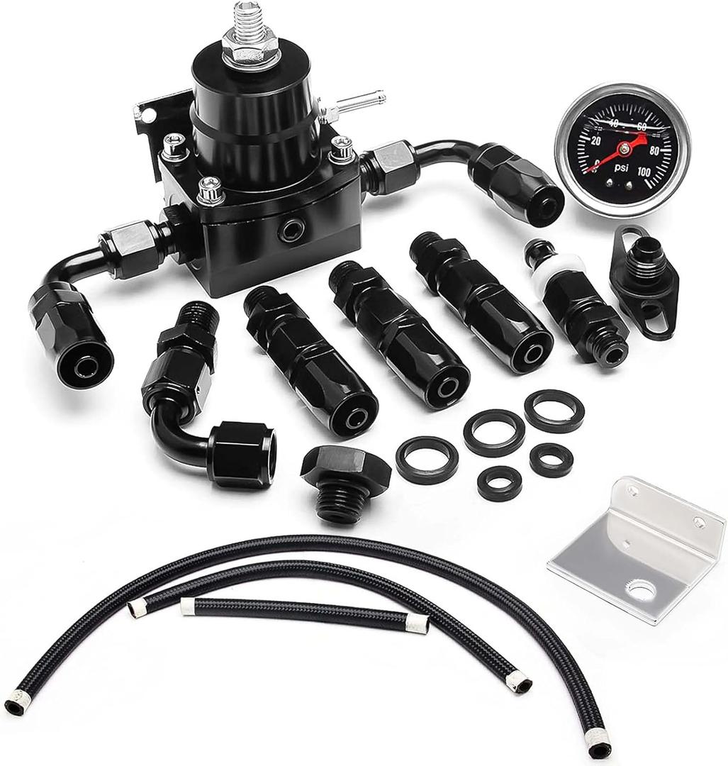 EFI Fuel Pressure Regulator Kit with Bypass Return 0-100psi Pressure Gauge AN6-6AN Fuel Line Hose Fitting Connectors Kit Adjustable Universal Aluminum (black)