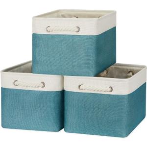 Bidtakay Basket Storage Bins with Handles Fabric Large Storage Baskets for Organizing Set of 3 Collapsible Rectangular Basket for Shelves Closet Organizer 15 X 11 X 9.5 Inches(White&Teal Blue)