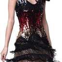 Vijiv Women's Adjustable Strap Gradient Sequin Fringe Dance Party Dress (Large, Black)