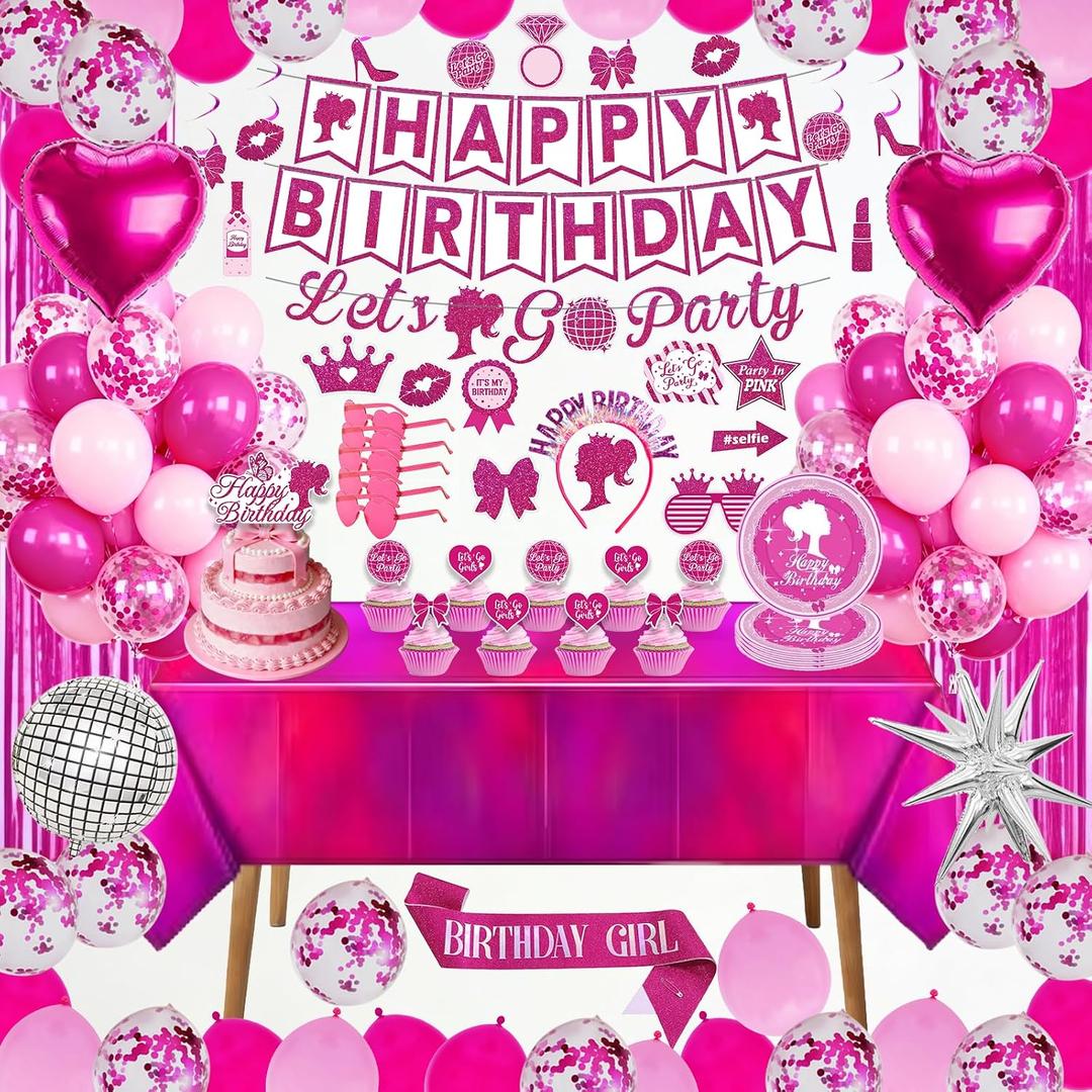Hot Pink Birthday Party Decorations 99 Pcs, Pink Happy Birthday Party Decorations for Women, Girl with Banner, Hanging, Backdrops, Foil Balloons, Tableware, Tiara, Sash, Sunglasses