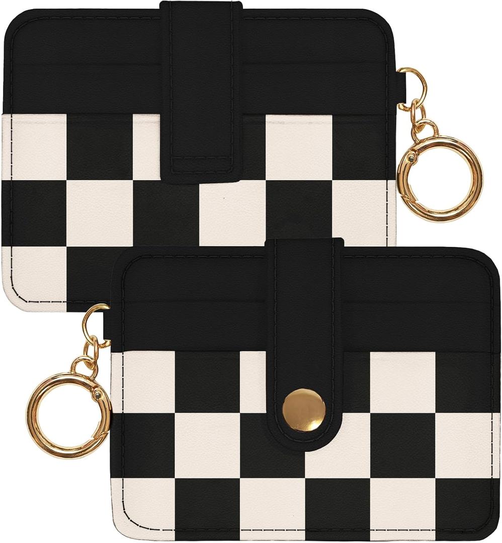 Slim Wallet for Women Ladies Teen Girls Female Credit Card Holder Cute Aesthetic Unique Modern RFID Checkered Cardholder Keychain, Black Black White