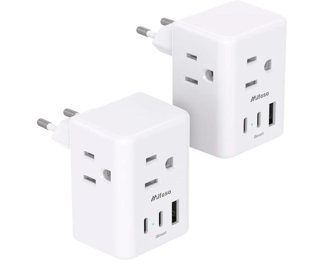 2 Pack European Travel Plug Adapter, Mifaso International Power Plug Adapter with 3 Outlets 3 USB Charging Ports(2 USB C), Type C Plug Adapter Europe Travel Essentials to Spain Italy France