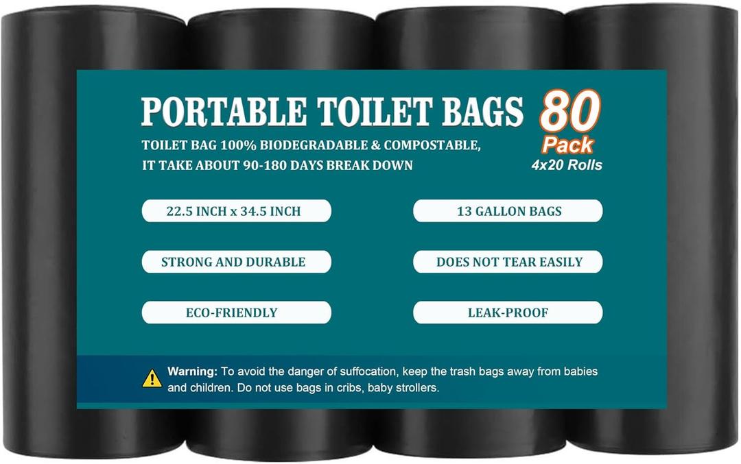 80 PCS 13 Gallon Portable Toilet Bags for Camping, Biodegradable Trash bags - 1 Mills Thickened Waste Bag, Camping Poop Bag for Trash Lawn, Leaf Yard, Home, Travel, Outdoor