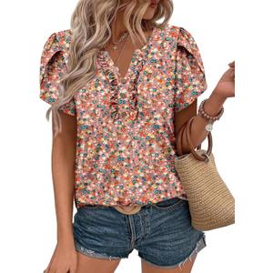 KISSMODA Women's Tunic Tops Casual V Neck Short Sleeve T Shirts Summer Puff Sleeve Ruffle Blouses (Pink, S)