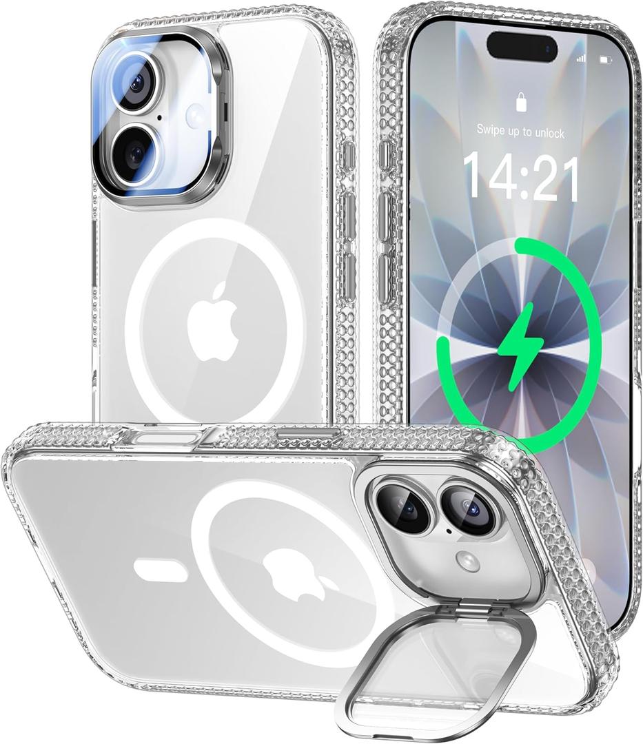 VOFATA [Upgraded Full Camera Protection] for iPhone 17 Case with Camera Cover Stand [Fit for MagSafe][10FT Mil-Grade Protection] Transparent Magnetic iPhone 17 Phone Case, Clear
