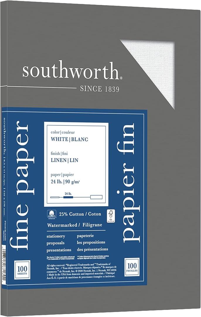 Southworth 25% Cotton Linen Business Paper, White, Letter (8.5" x 11"), 100 Sheets Per Pack, 24 Lb, 94 Brightness (-)