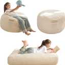 MAXYOYO Bean Bag Chair Bed for Kids, Convertible Bean Bag Folds from Lazy Chair to Floor Mattress Bed, Stuffed Floor Sofa Couch Sofa Bed for Boys and Girls, High-Density Foam Filling, Beige (Faux Fur - Beige)