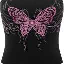 SOLY HUX Women's Rhinestone Cute Print Y2K Crop Tops Sleeveless Strapless Summer Bandeau Tube Top (Black Butterfly)