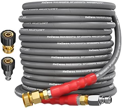 Heliwoo 3/8'' Pressure Washer Hose 50 FT, Hot and Cold Water Power Washer Hose Max 248°F, Commercial Industrial Grade Steel Wire Braided Kink Proof Extension Hose with 3/8 Quick Connect 4800 PSI