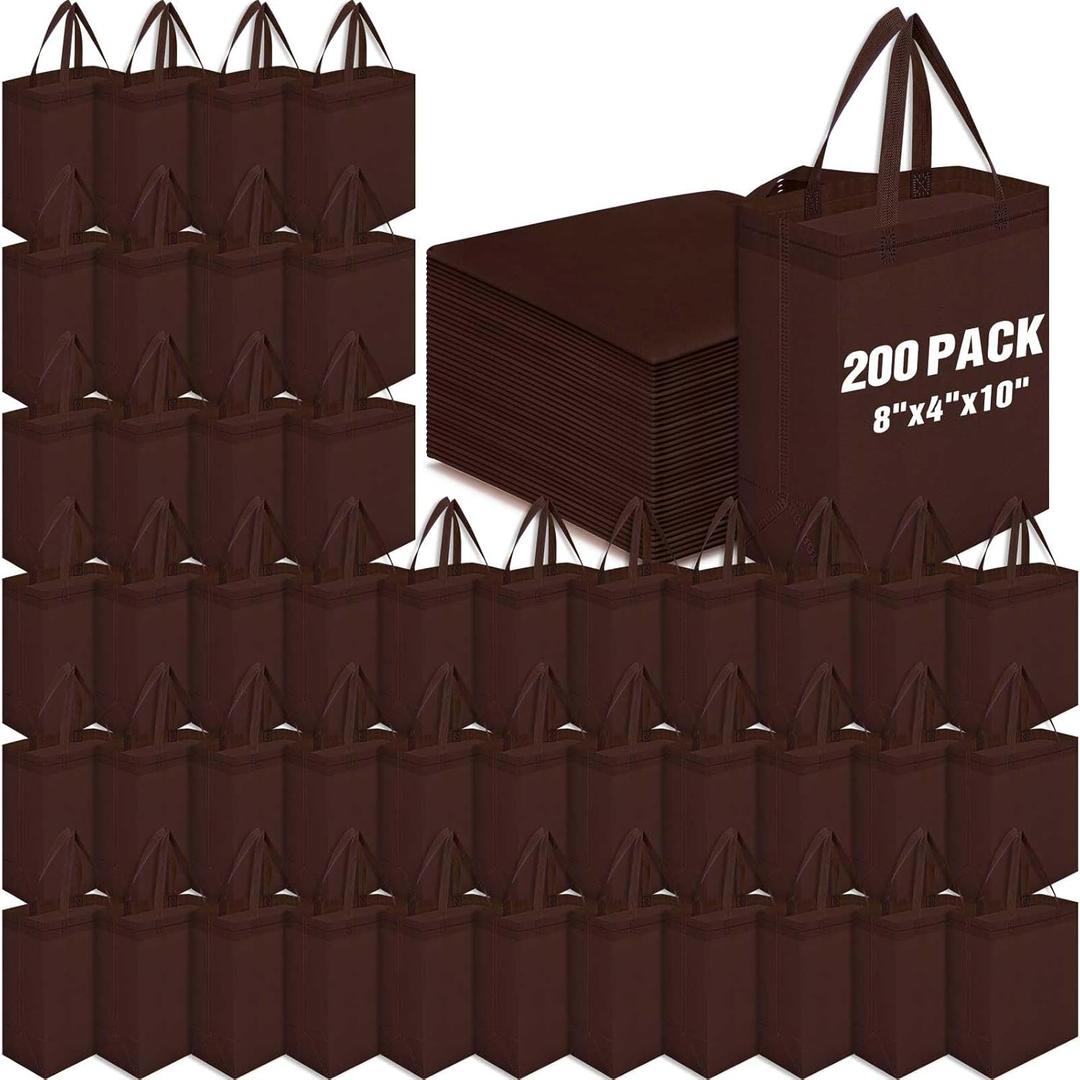 Windyun 50 Pcs Reusable Tote Bag Bulk 8 x 4 x 10 Inch Non Woven Shopping Bag with Handle Christmas Reusable Grocery Gift Tote(Brown,200 Pcs)