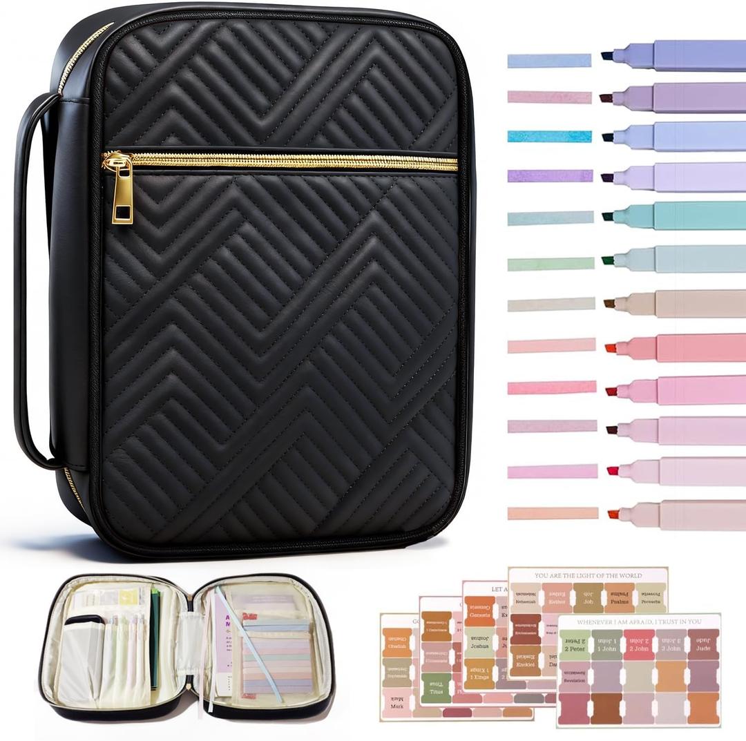 Bible Cover Case for Women, Quilted Large Handle Vegan Leather Bible Bags with Bible Study Supplies Accessories Church,Classroom,Campus,Neighborhood Association (Vintage Black,M/L)