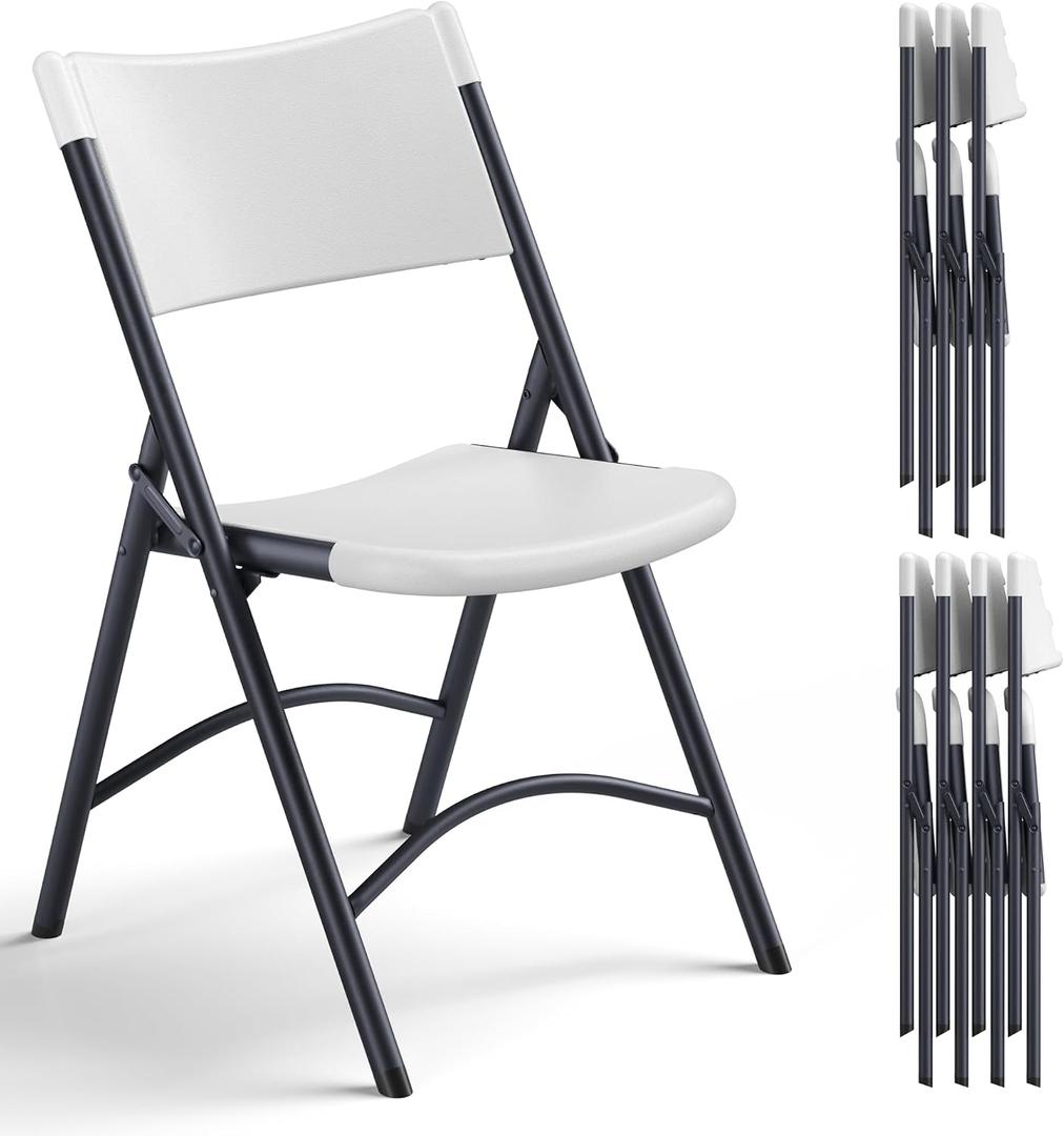 Folding Chair 4 Pack, Portable Heavy Duty Foldable Chair Plastic Seat with Steel Frame for Indoor and Outdoor, Dinning, Party, Wedding, Office, Patio, Garden, White