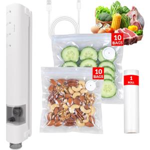 UNICCA Compact Vacuum Sealer for Food, Magnetic Back, 60kPa Powerful Handheld Vacuum Sealer with 20 Reusable Bags & 1 Vacuum Roll Bags