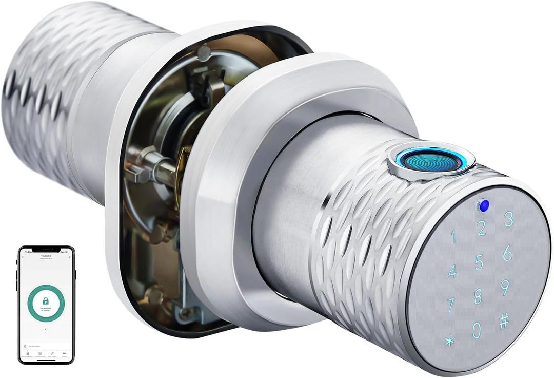 Fingerprint Smart Door knob, Keyless Entry Door Lock with Keypad, 4-1 in Unlock (APP/Code/Fingerprint/Key) Back Locking, Auto Lock, Anti Prying Password, for Home, Office, Hotel (YL-78A-SILVER-NEW)