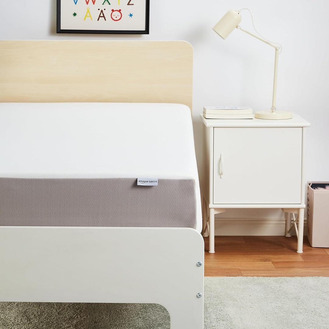 Amazon Basics Memory Foam Mattress, Soft Plush Feel, Breathable, Contours to Body, 8 Inch, Twin, White/Grey