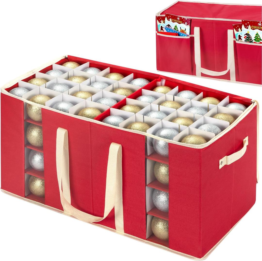 inin Christmas Ornament Storage Box with Adjustable Dividers,Christmas Ornaments Organizer with Zipper,Storage Container Bin with Side Pockets for Holiday Decorations(128 Ball, Red, without Tray)