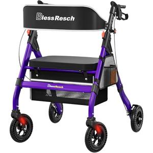 BlessReach Foldable Rollator Walkers with Seat for Seniors, 450 lb Capacity, 8'' Wheels, 18" Big Seat, 6-Position Adjustable Height, Heavy-Duty Aluminum Rolling Walker (Purple)